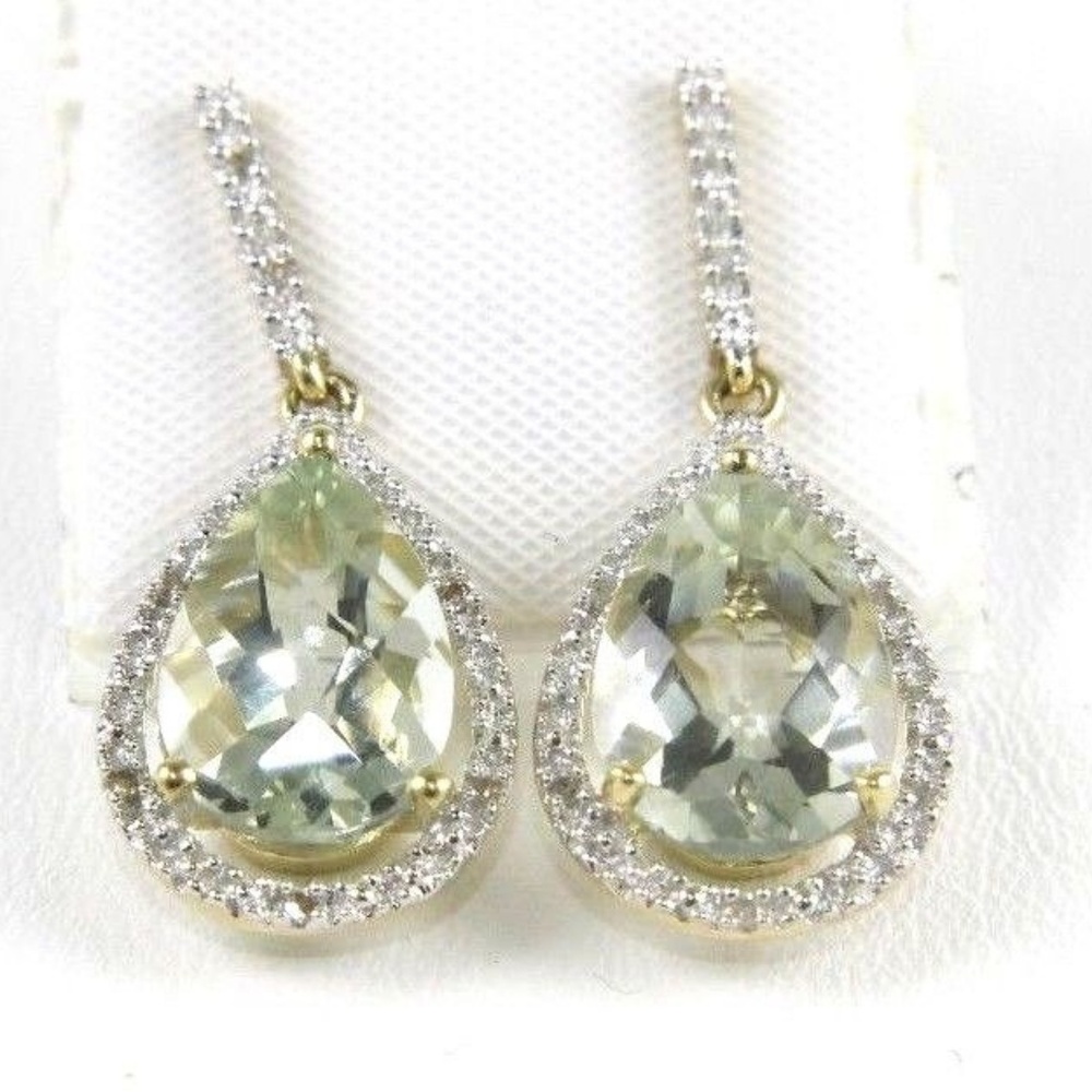Green Amethyst & Diamond Earrings 14K YG 3.92Ct
